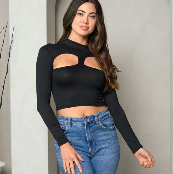NEW! Popular Black Long Sleeve Mock Neck Front Cut Out Top Boho Club Party Sexy - Picture 1 of 4
